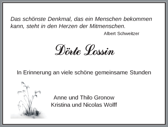 Traueranzeige von Dörte Lossin von Nordwest-Zeitung