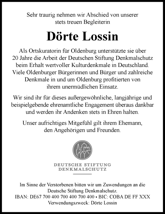 Traueranzeige von Dörte Lossin von Nordwest-Zeitung