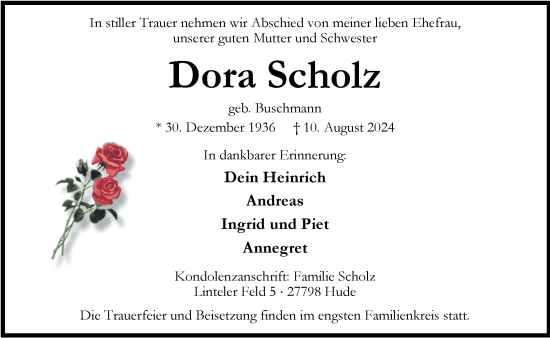 Traueranzeige von Dora Scholz von Nordwest-Zeitung