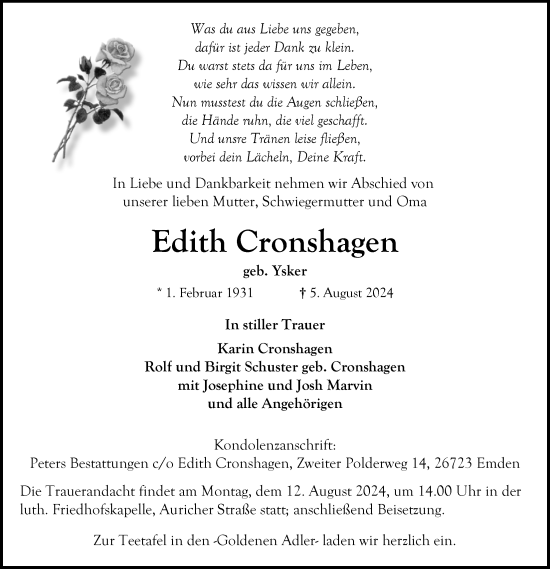 Traueranzeige von Edith Cronshagen von Emder Zeitung