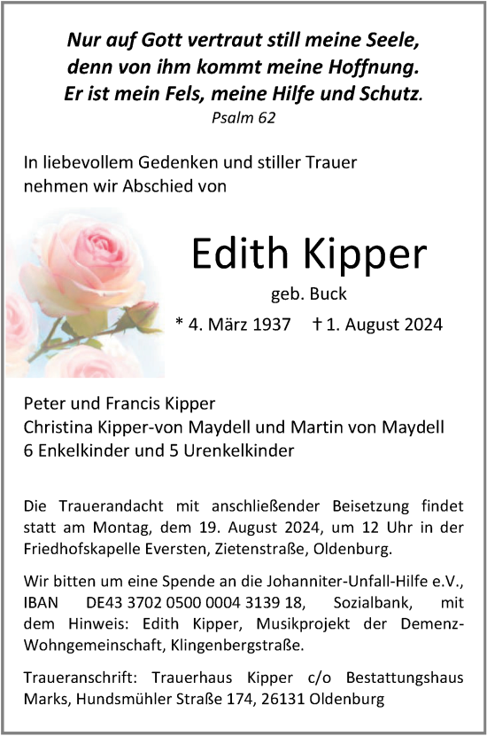 Traueranzeige von Edith Kipper von Nordwest-Zeitung