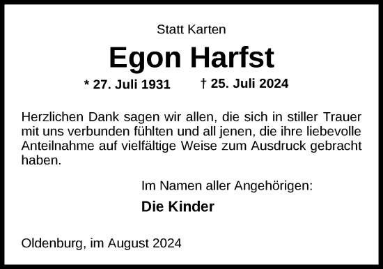 Traueranzeige von Egon Harfst von Nordwest-Zeitung