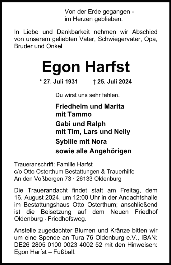 Traueranzeige von Egon Harfst von Nordwest-Zeitung