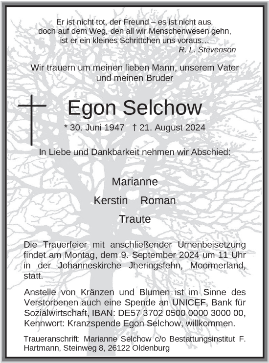 Traueranzeige von Egon Selchow von Nordwest-Zeitung