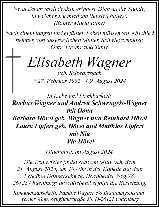 Traueranzeige von Elisabeth Wagner von Nordwest-Zeitung