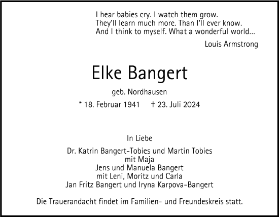 Traueranzeige von Elke Bangert von Nordwest-Zeitung