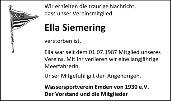 Traueranzeige von Ella Siemering von Emder Zeitung