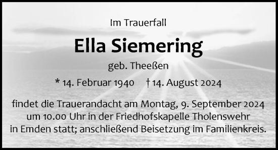 Traueranzeige von Ella Siemering von Emder Zeitung