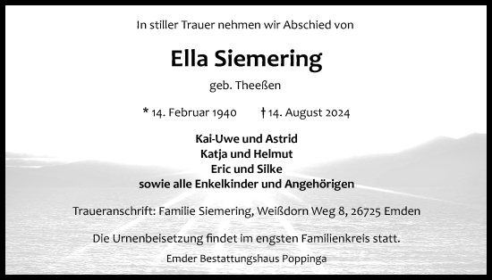 Traueranzeige von Ella Siemering von Emder Zeitung