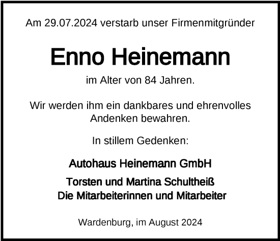 Traueranzeige von Enno Heinemann von Nordwest-Zeitung