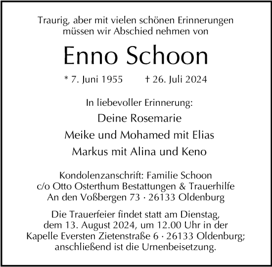 Traueranzeige von Enno Schoon von Nordwest-Zeitung