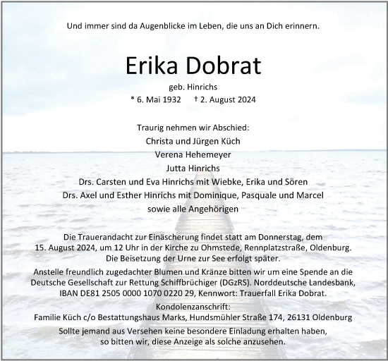 Traueranzeige von Erika Dobrat von Nordwest-Zeitung