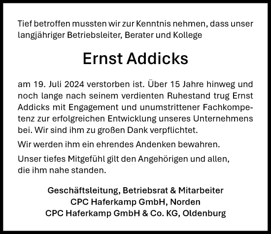 Traueranzeige von Ernst Addicks von Nordwest-Zeitung