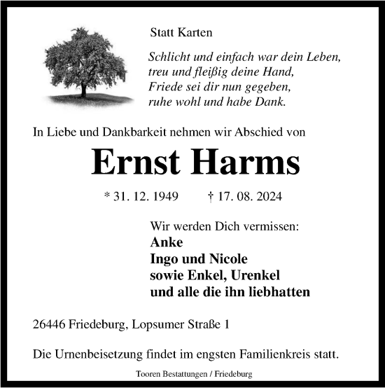 Traueranzeige von Ernst Harms von WZ/JW/AH