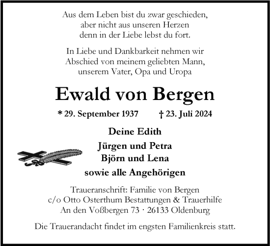 Traueranzeige von Ewald von Bergen von Nordwest-Zeitung