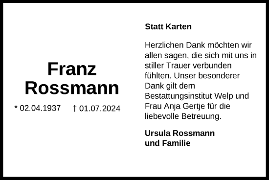 Traueranzeige von Franz Rossmann von Nordwest-Zeitung