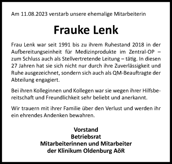 Traueranzeige von Frauke Lenk von Nordwest-Zeitung