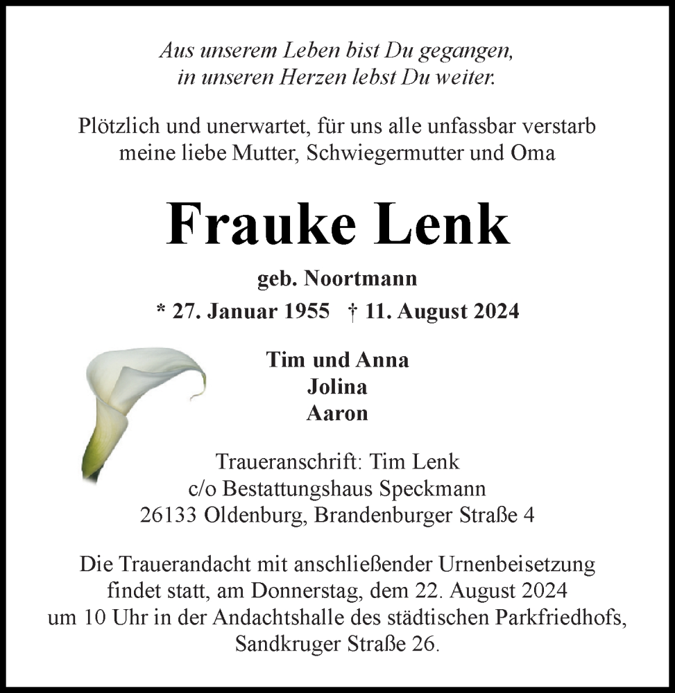  Traueranzeige für Frauke Lenk vom 20.08.2024 aus Nordwest-Zeitung