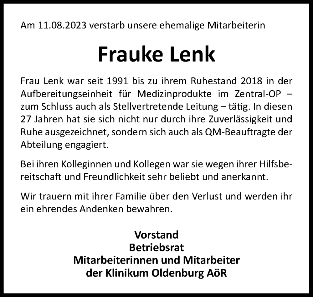  Traueranzeige für Frauke Lenk vom 22.08.2024 aus Nordwest-Zeitung