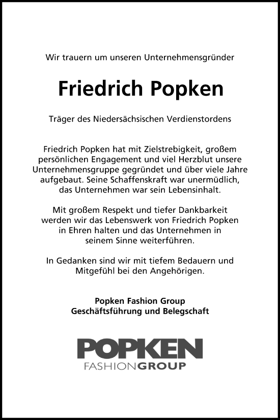 Traueranzeige von Friedrich Popken von Nordwest-Zeitung