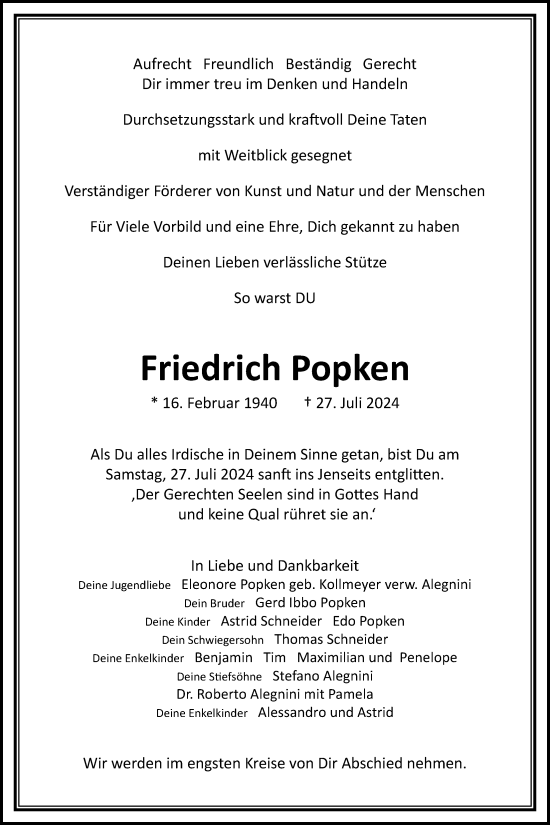 Traueranzeige von Friedrich Popken von Nordwest-Zeitung