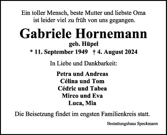Traueranzeige von Gabriele Hornemann von Nordwest-Zeitung