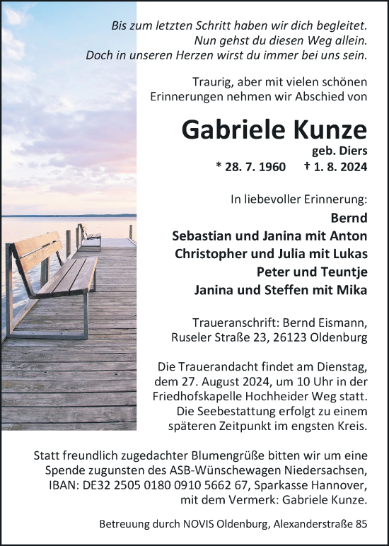 Traueranzeige von Gabriele Kunze von Nordwest-Zeitung