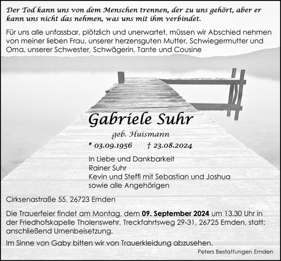 Traueranzeige von Gabriele Suhr von Emder Zeitung