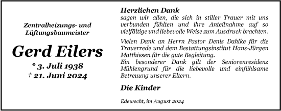 Traueranzeige von Gerd Eilers von Nordwest-Zeitung