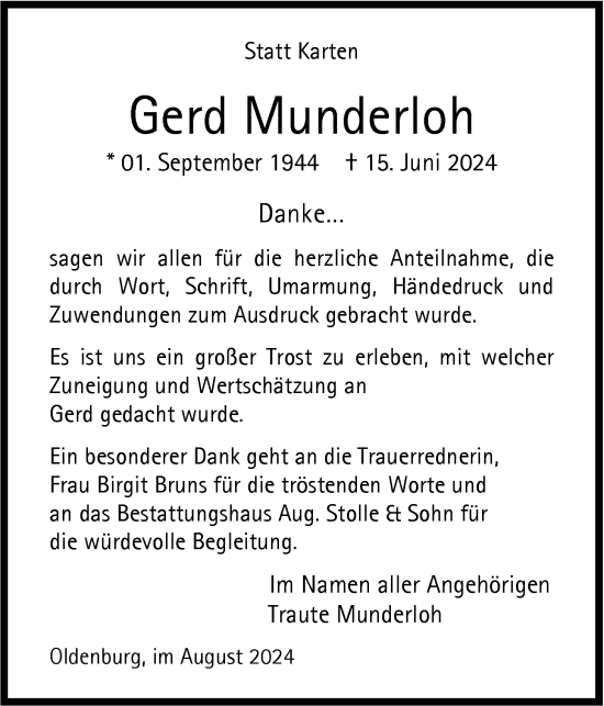 Traueranzeige von Gerd Munderloh von Nordwest-Zeitung