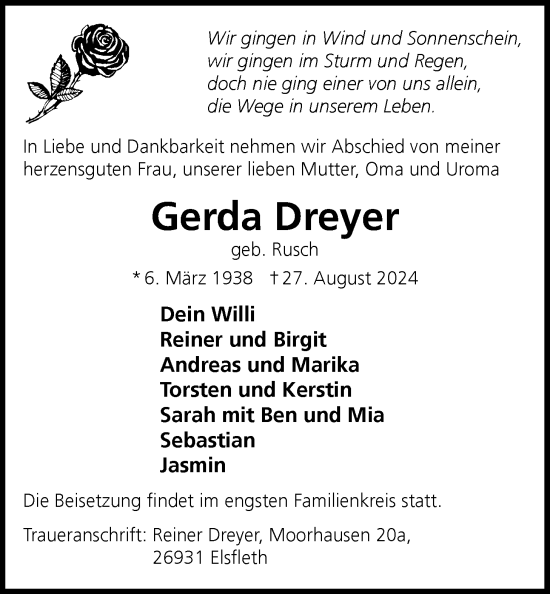 Traueranzeige von Gerda Dreyer von Nordwest-Zeitung