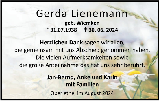 Traueranzeige von Gerda Lienemann von Nordwest-Zeitung