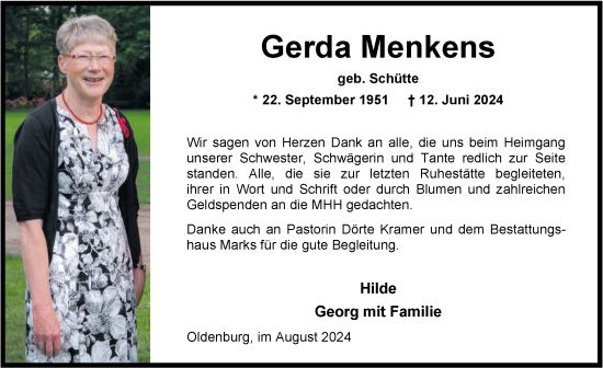 Traueranzeige von Gerda Menkens von Nordwest-Zeitung