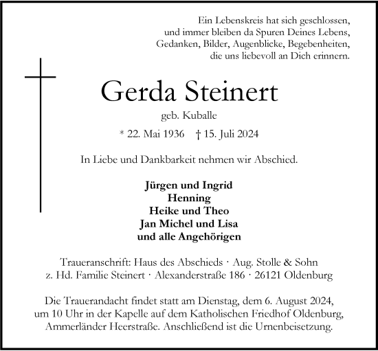 Traueranzeige von Gerda Steinert von Nordwest-Zeitung