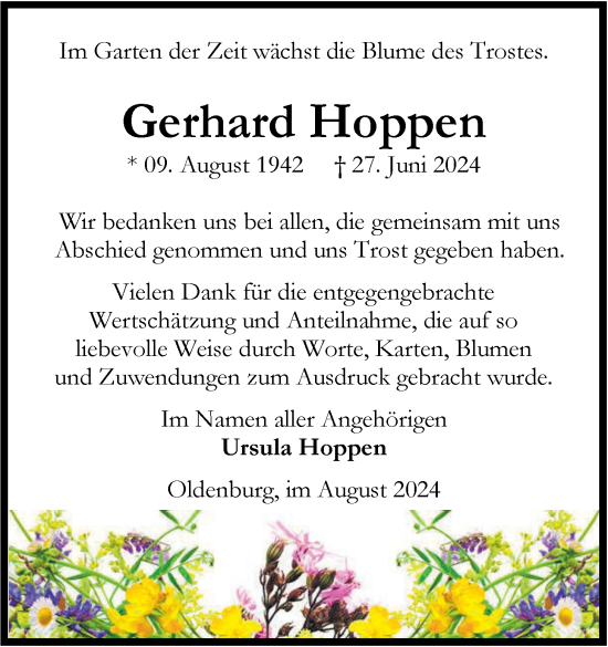 Traueranzeige von Gerhard Hoppen von Nordwest-Zeitung