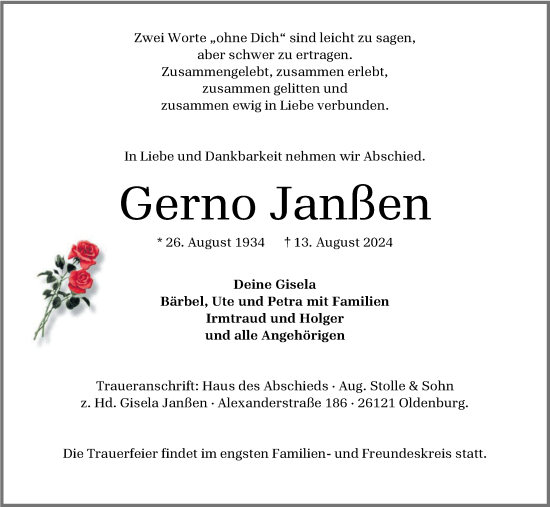 Traueranzeige von Gerno Janßen von Nordwest-Zeitung