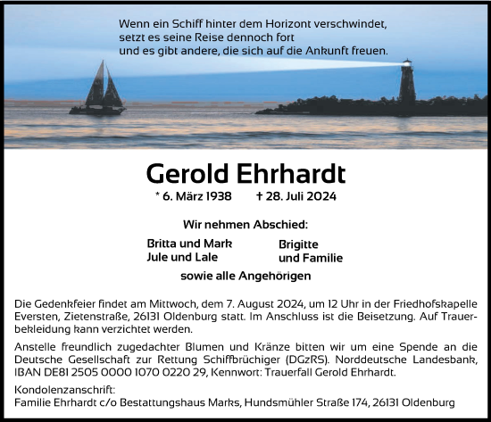 Traueranzeige von Gerold Ehrhardt von Nordwest-Zeitung