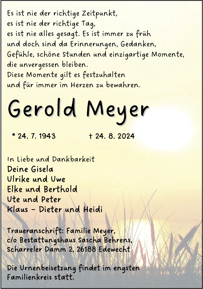  Traueranzeige für Gerold Meyer vom 31.08.2024 aus Nordwest-Zeitung