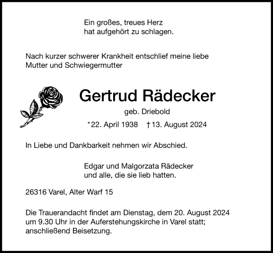 Traueranzeige von Gertrud Rädecker von Nordwest-Zeitung