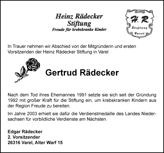 Traueranzeige von Gertrud Rädecker von Nordwest-Zeitung