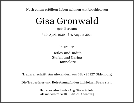 Traueranzeige von Gisa Gronwald von Nordwest-Zeitung