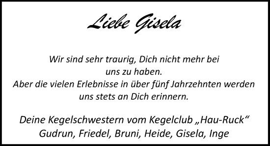 Traueranzeige von Gisela Hartung von Nordwest-Zeitung