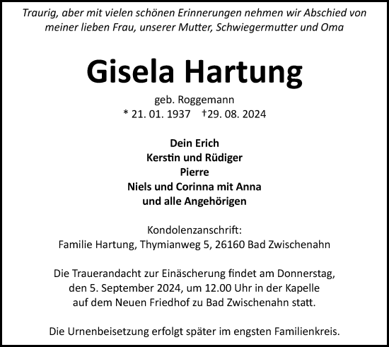 Traueranzeige von Gisela Hartung von Nordwest-Zeitung