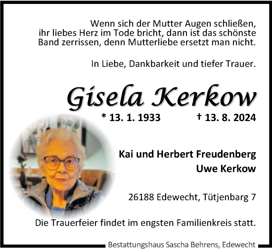 Traueranzeige von Gisela Kerkow von Nordwest-Zeitung