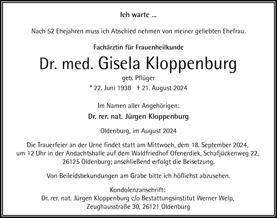 Traueranzeige von Gisela Kloppenburg von Nordwest-Zeitung