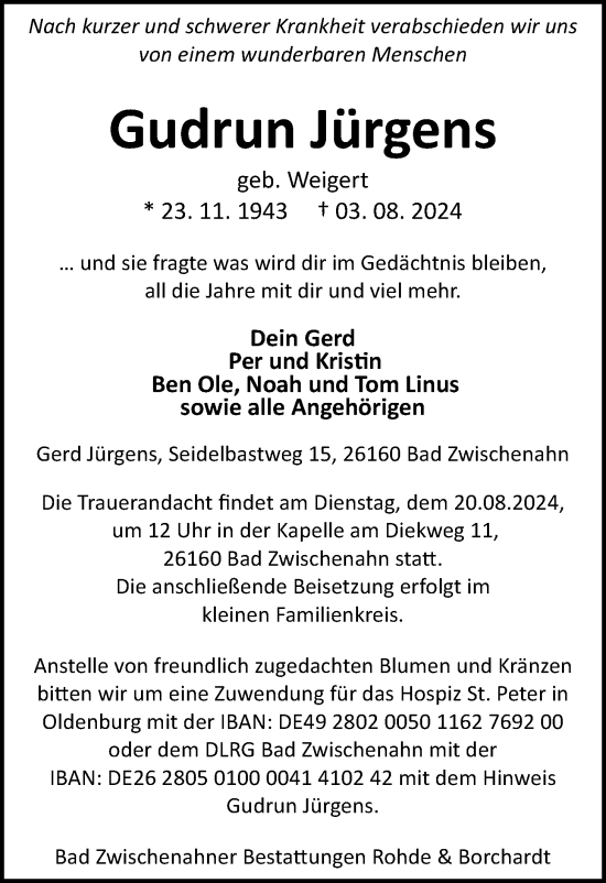 Traueranzeige von Gudrun Jürgens von Nordwest-Zeitung