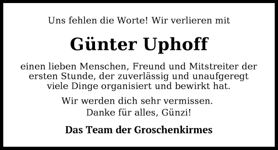 Traueranzeige von Günter Uphoff von WZ/JW/AH