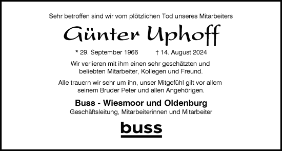 Traueranzeige von Günter Uphoff von WZ/JW/AH