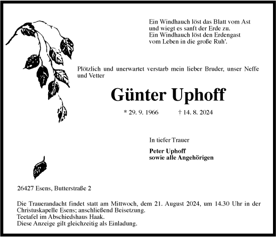 Traueranzeige von Günter Uphoff von WZ/JW/AH