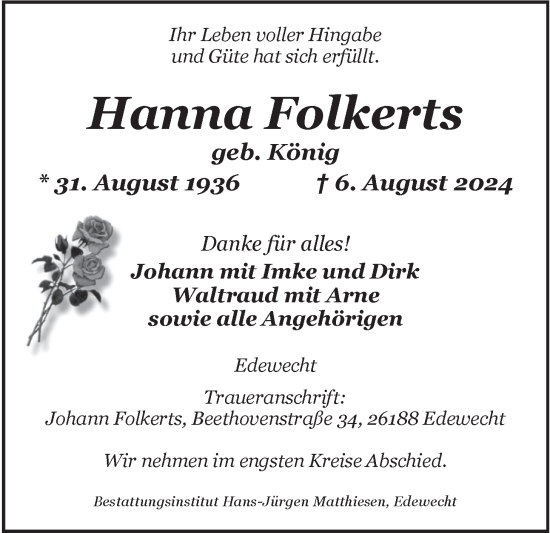 Traueranzeige von Hanna Folkerts von Nordwest-Zeitung